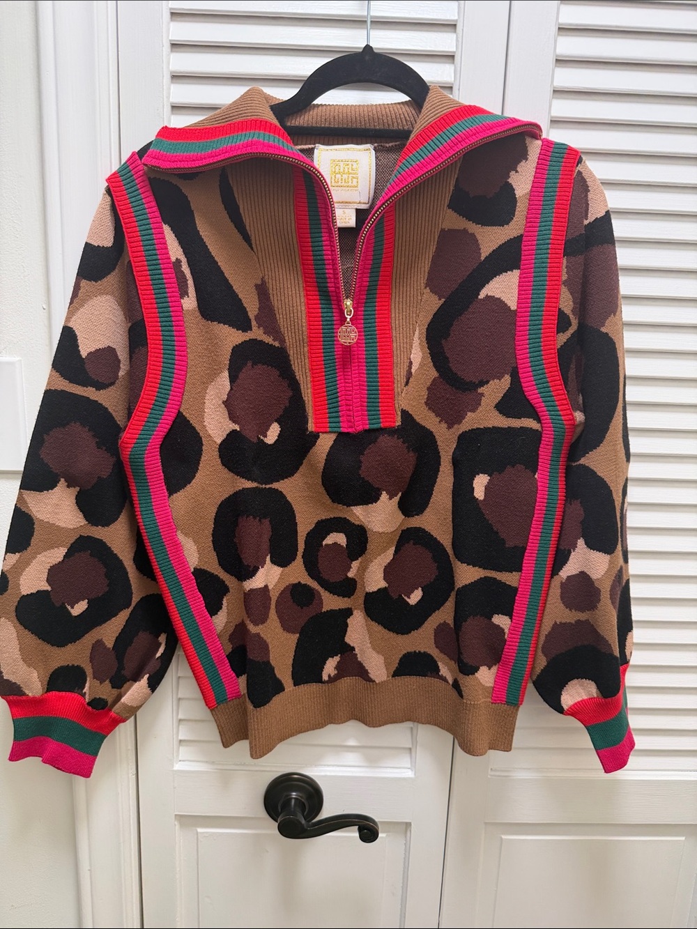 Leopard-Print Half-Zip Sweater with Contrast Trim - Brown